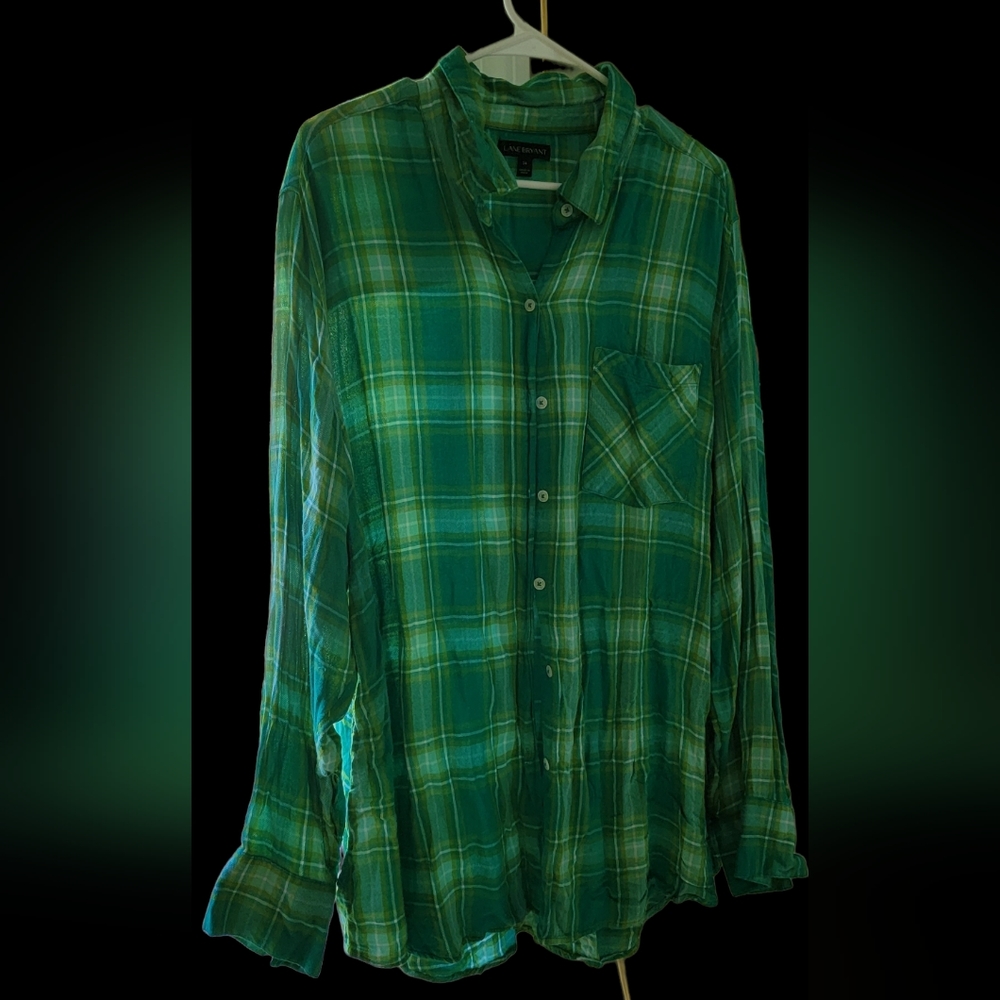 Lane Bryant, green plaid, button down collared shirt